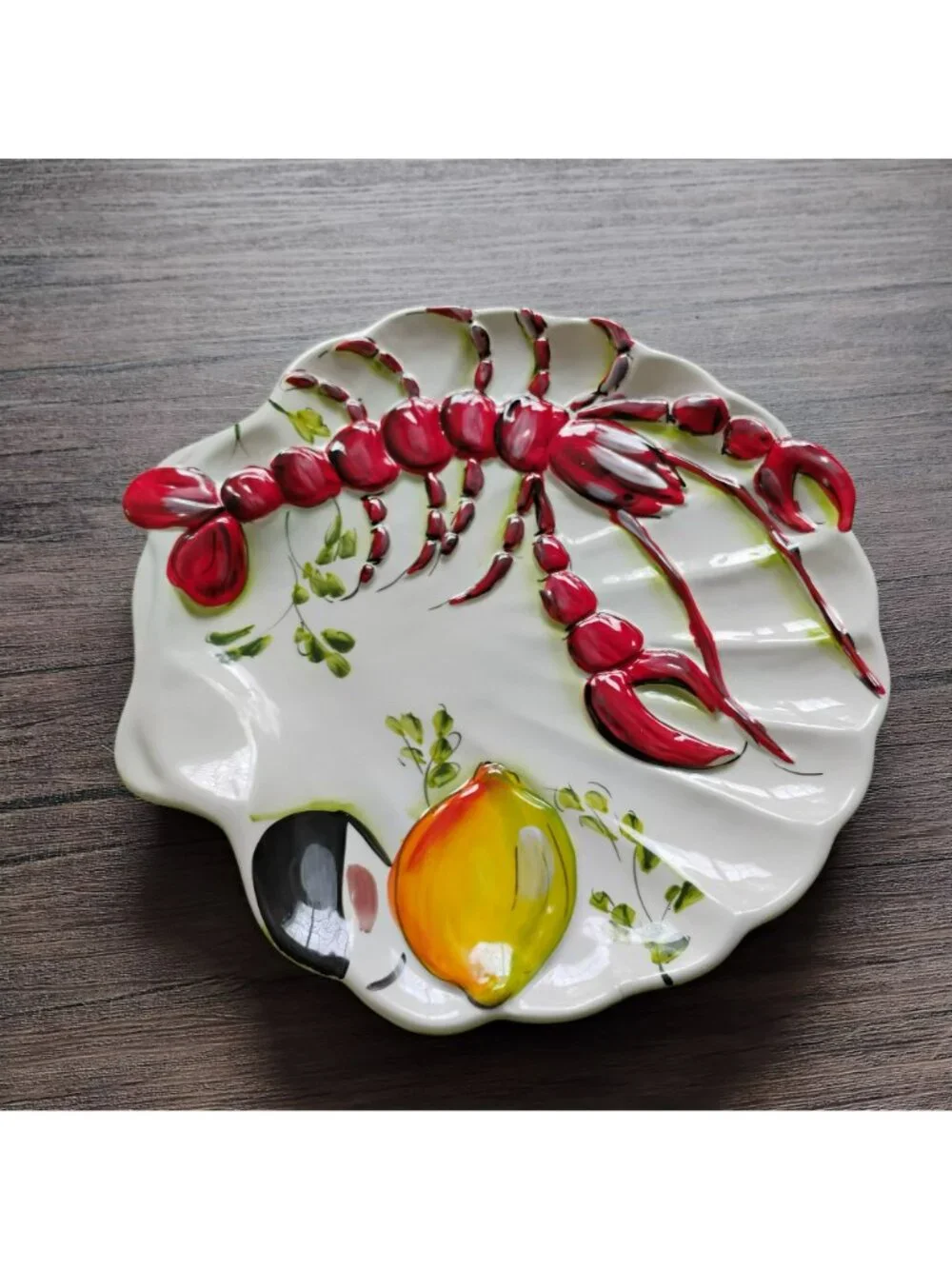 Vintage Italian Majolica 3D Lobster Platter, Hand Painted Scalloped Shell Plate